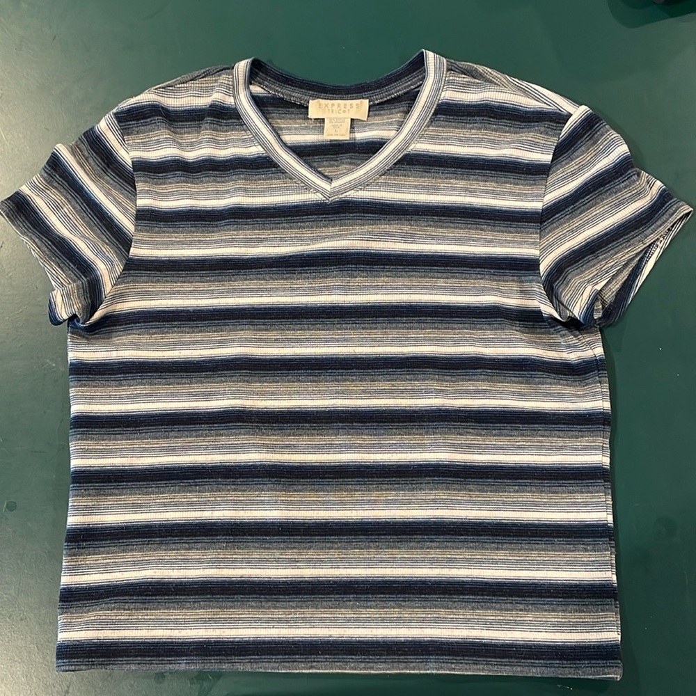 Express vintage acrylic/spandex short sleeve blue & white stripe short shirt L.